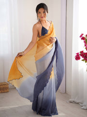 ساري نسائي من الشيفون بلون الخردل مطرز بتصميم أنيق مع قطعة بلوزة