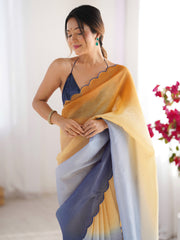 ساري نسائي من الشيفون بلون الخردل مطرز بتصميم أنيق مع قطعة بلوزة