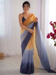 ساري نسائي من الشيفون بلون الخردل مطرز بتصميم أنيق مع قطعة بلوزة