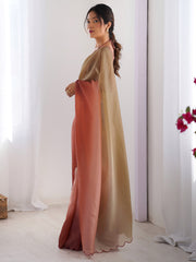 ساري نسائي بني مطرز من الشيفون بتصميم فاخر مع قطعة بلوزة