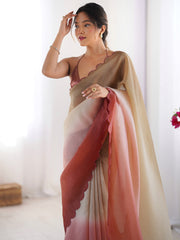 ساري نسائي بني مطرز من الشيفون بتصميم فاخر مع قطعة بلوزة