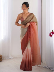 ساري نسائي بني مطرز من الشيفون بتصميم فاخر مع قطعة بلوزة