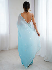 Women's Chiffon Light Blue Embellished Designer Saree With Blouse Piece