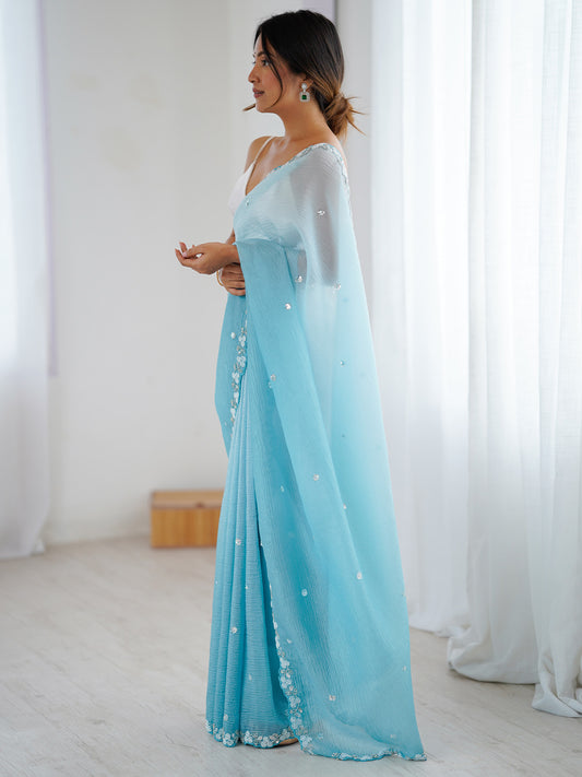 Women's Chiffon Light Blue Embellished Designer Saree With Blouse Piece