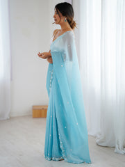 Women's Chiffon Light Blue Embellished Designer Saree With Blouse Piece