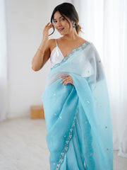 Women's Chiffon Light Blue Embellished Designer Saree With Blouse Piece