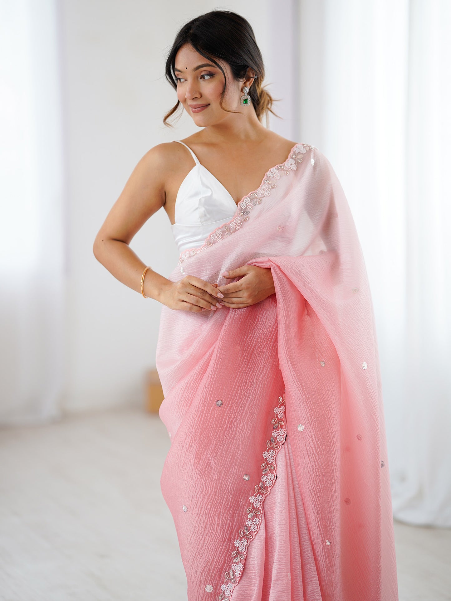 Women's Chiffon Pink Embellished Designer Saree With Blouse Piece