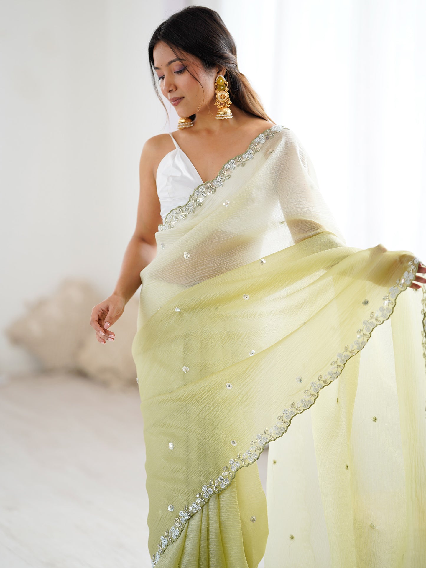 Women's Chiffon Olive Embellished Designer Saree With Blouse Piece