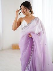 Women's Chiffon Purple Embellished Designer Saree With Blouse Piece