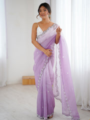 Women's Chiffon Purple Embellished Designer Saree With Blouse Piece