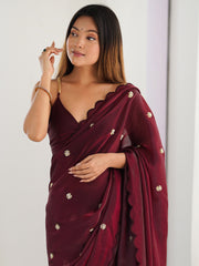 Women's Satin Silk Burgundy Embellished Designer Saree With Blouse Piece