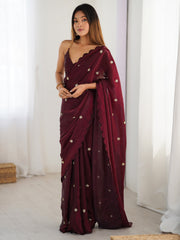 Women's Satin Silk Burgundy Embellished Designer Saree With Blouse Piece