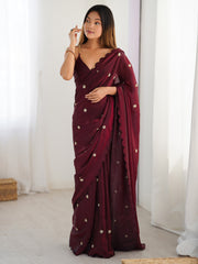 Women's Satin Silk Burgundy Embellished Designer Saree With Blouse Piece