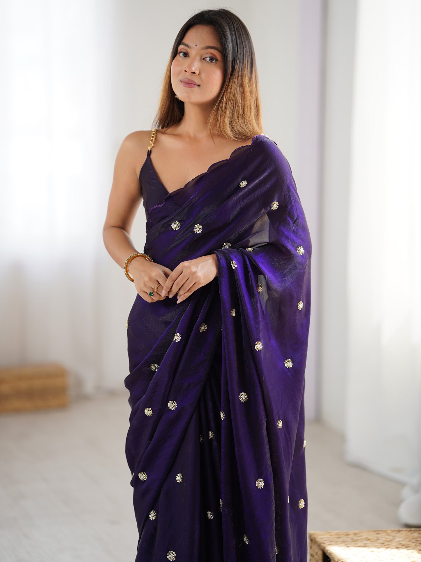 Women's Satin Silk Purple Embellished Designer Saree With Blouse Piece