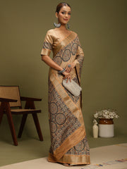 Women's Satin Silk Beige Digital Print Designer Saree With Blouse Piece