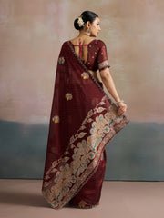 Women's Organza Magenta Woven Design Designer Saree With Blouse Piece