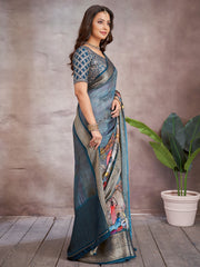 ساري نسائي أزرق مطبوع من الفسكوز مع قطعة بلوزة