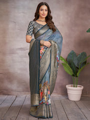 ساري نسائي أزرق مطبوع من الفسكوز مع قطعة بلوزة