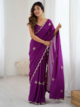 Women's chinnon Purple Embellished Designer Saree With Blouse Piece