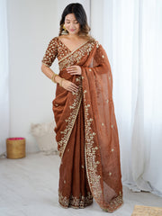 Women's Chiffon Brown Embellished Designer Saree With Blouse Piece