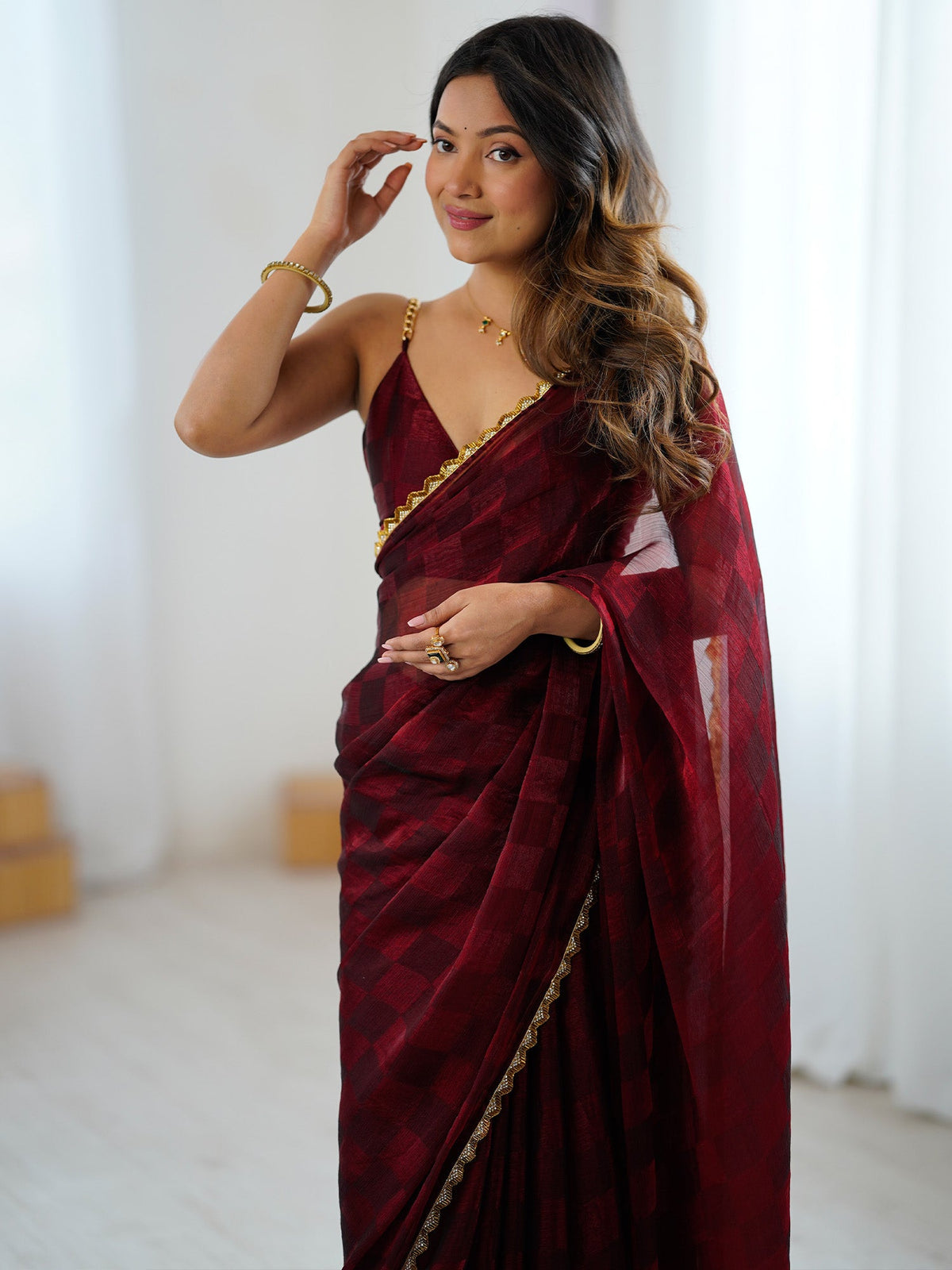 Women's Chiffon Maroon Embellished Designer Saree With Blouse Piece