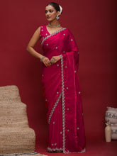 Women's Satin Pink Embellished Designer Saree With Blouse Piece