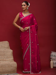Women's Satin Pink Embellished Designer Saree With Blouse Piece
