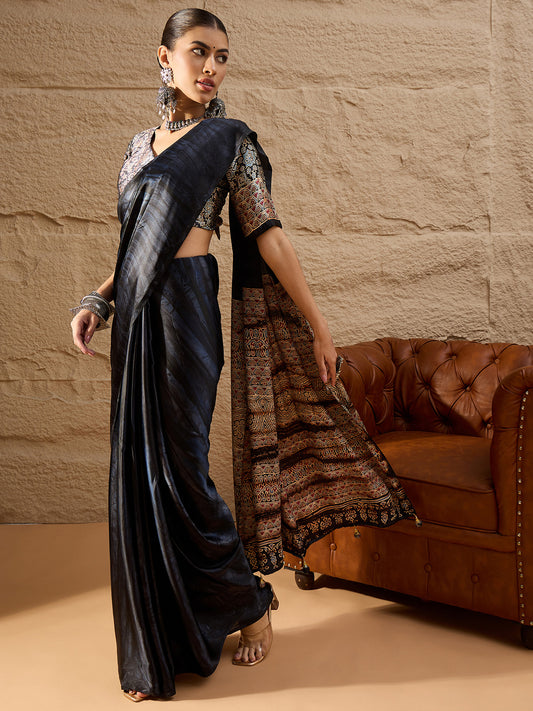 Women's Crepe Black Printed Designer Saree With Blouse Piece