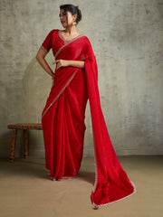 Women's Chiffon Red Embellished Designer Saree With Blouse Piece