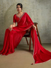Women's Chiffon Red Embellished Designer Saree With Blouse Piece