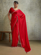Women's Chiffon Red Embellished Designer Saree With Blouse Piece