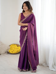 Women's Silk Purple Embellished Designer Saree With Blouse Piece