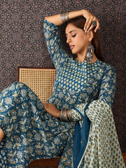 Blue Printed Straight Kurta Trousers With Dupatta Set