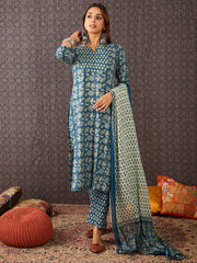 Blue Printed Straight Kurta Trousers With Dupatta Set