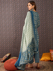 Blue Printed Straight Kurta Trousers With Dupatta Set