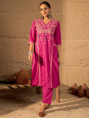 Pink Embroidered Straight Kurta Trousers With Dupatta Set