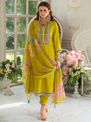 Mustard Embroidered A-Line Kurta Trousers With Dupatta Set