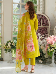 Mustard Embroidered A-Line Kurta Trousers With Dupatta Set
