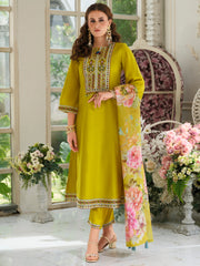 Mustard Embroidered A-Line Kurta Trousers With Dupatta Set