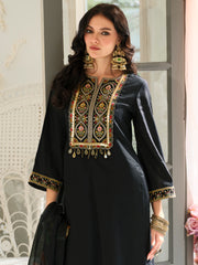 Black Embroidered A-Line Kurta Trousers With Dupatta Set