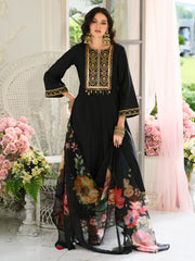 Black Embroidered A-Line Kurta Trousers With Dupatta Set