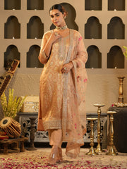 Peach Embroidered Straight Kurta Trousers With Dupatta Set