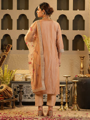 Peach Embroidered Straight Kurta Trousers With Dupatta Set