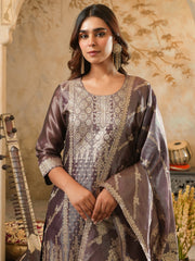Burgundy Woven Design Straight Kurta Trousers With Dupatta Set