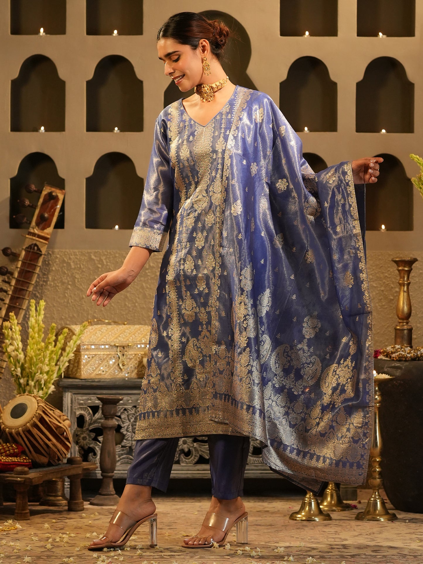 Purple Self Design Straight Kurta Trousers With Dupatta Set