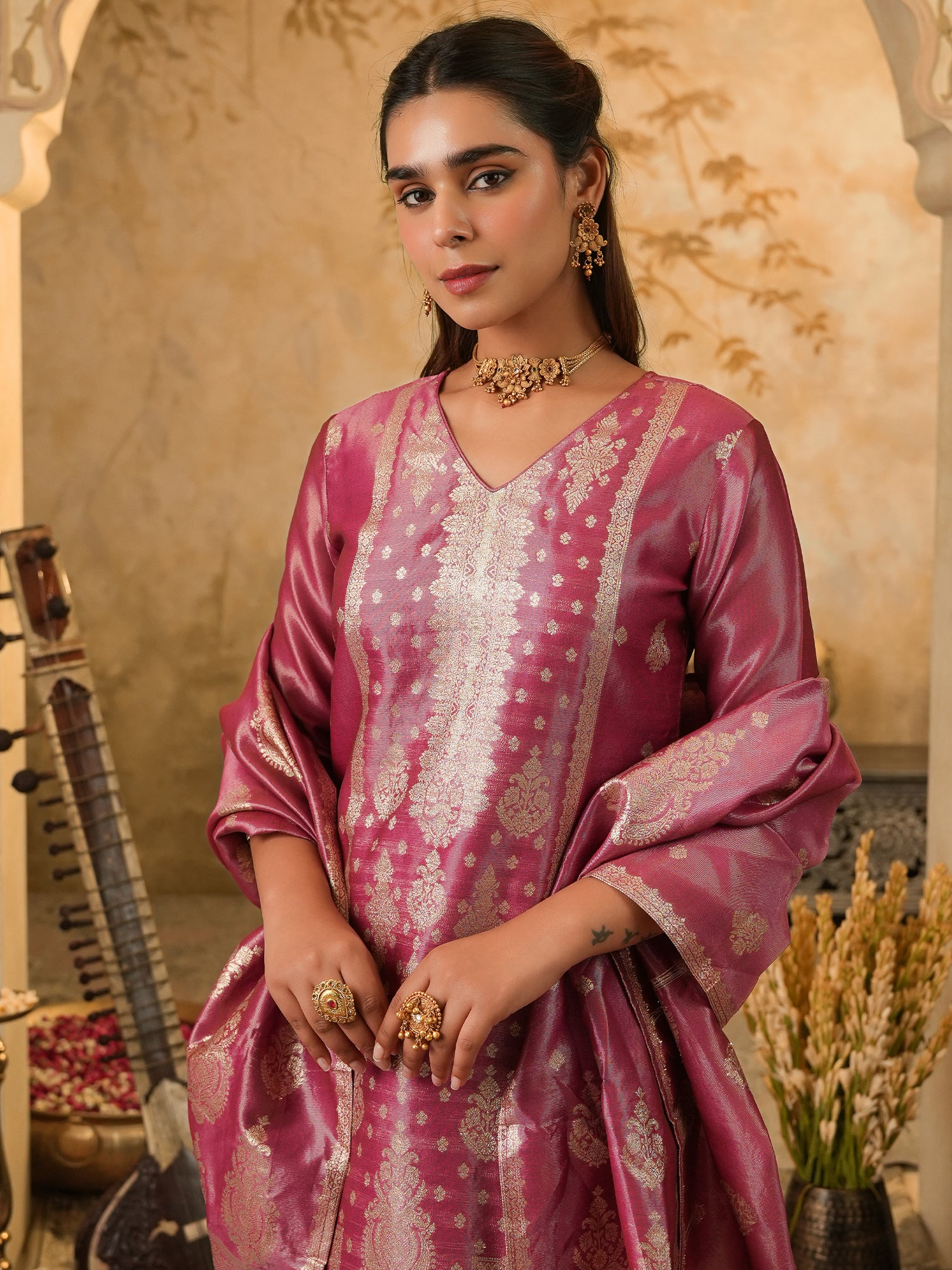 Pink Woven Design Straight Kurta Trousers With Dupatta Set