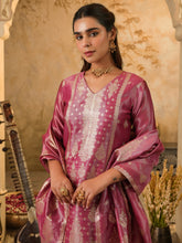 Pink Woven Design Straight Kurta Trousers With Dupatta Set