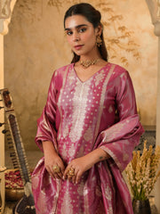 Pink Woven Design Straight Kurta Trousers With Dupatta Set
