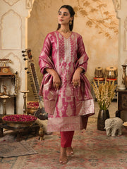 Pink Woven Design Straight Kurta Trousers With Dupatta Set