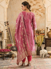 Pink Woven Design Straight Kurta Trousers With Dupatta Set